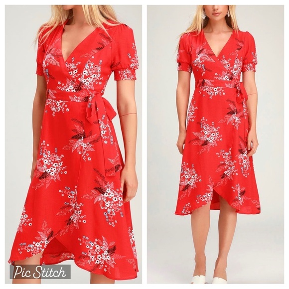 NWT Lulu’s All the Sweetness Red Floral Print Midi Wrap Dress - Picture 1 of 11